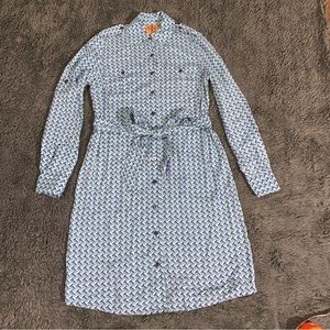 Tory Burch Blue Printed Silk Belted Long Sleeve Dress - Size 0